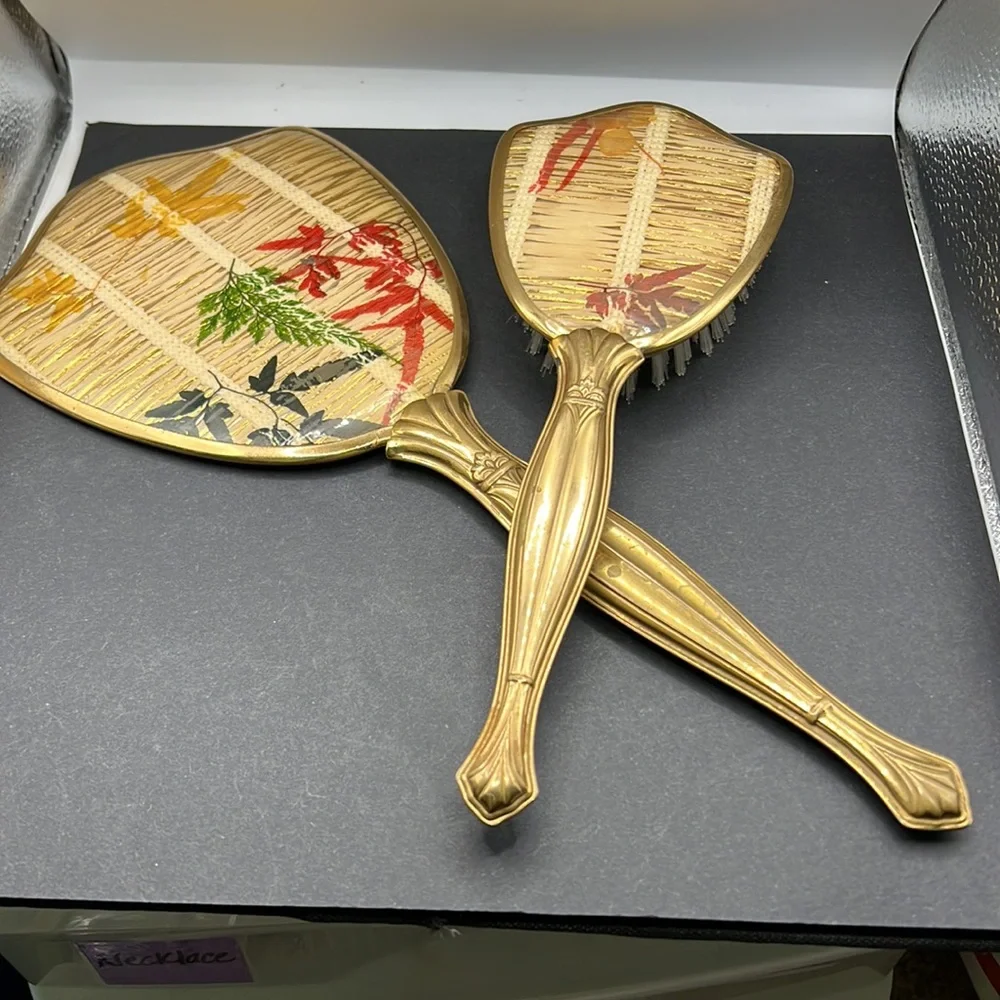 Vintage flower vanity hand mirror and brush